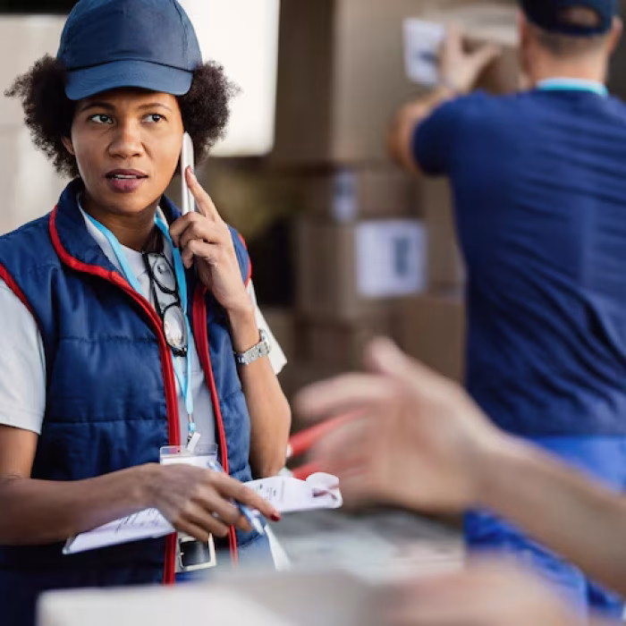 black-female-deliverer-communicating-with-coworker-while-talking-mobile-phone-organizing-package-delivery_637285-2239 black-female-deliverer-communicating-with-coworker-while-talking-mobile-phone-organizing-package-delivery_637285-2239